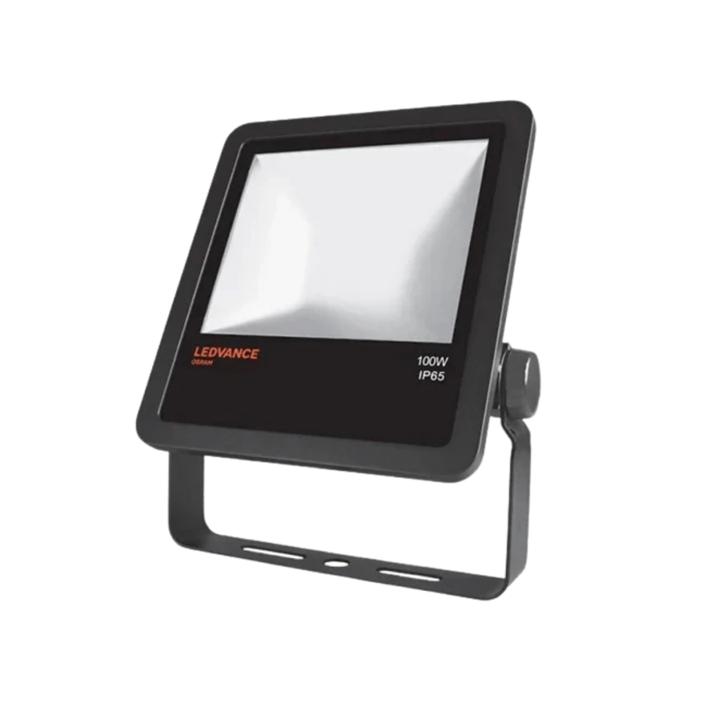 Projecteur LED 100 W IP65 avec support de fixation pour l’éclairage extérieur et les installations événementielles.