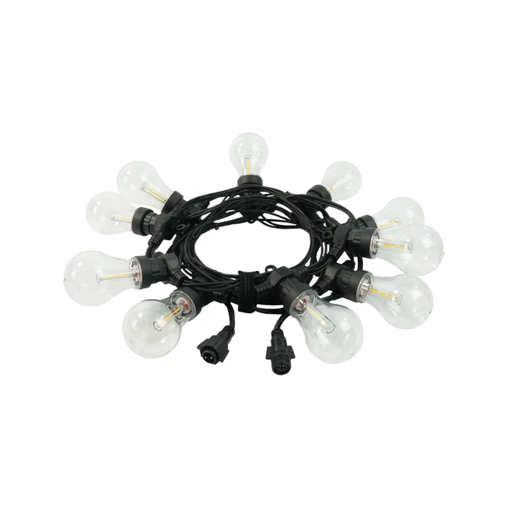 Guirlande lumineuse guinguette enroulée avec ampoules transparentes type Edison et câble noir, fond blanc