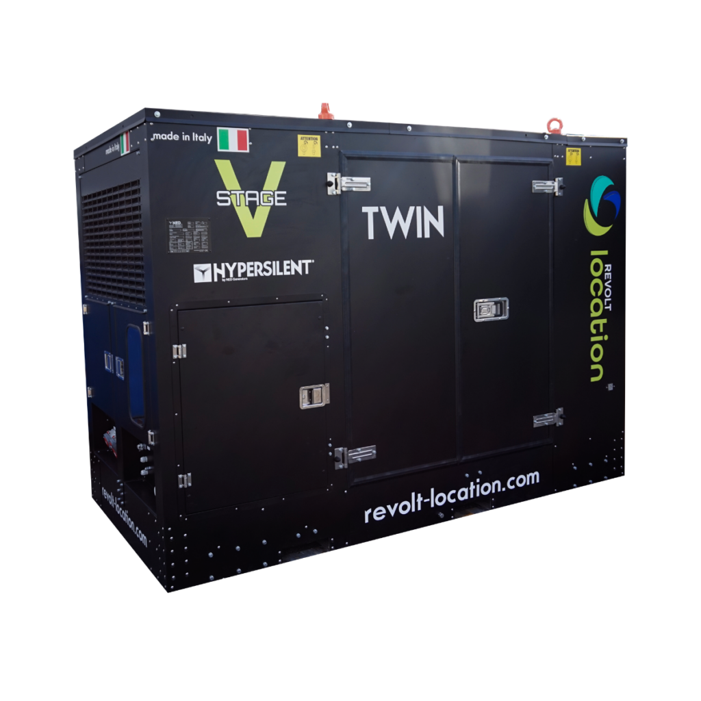 Coffret de groupe électrogène Revolt Location Hypersilent Twin Stage V vu en gros plan, sans remorque, fond blanc