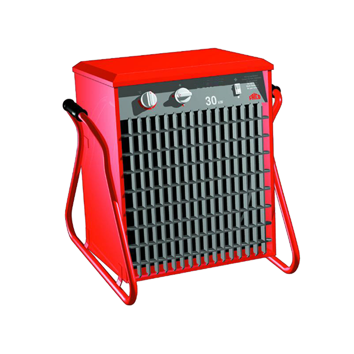 Aérotherme électrique rouge Frico 30kW avec grille de ventilation et poignées de transport
