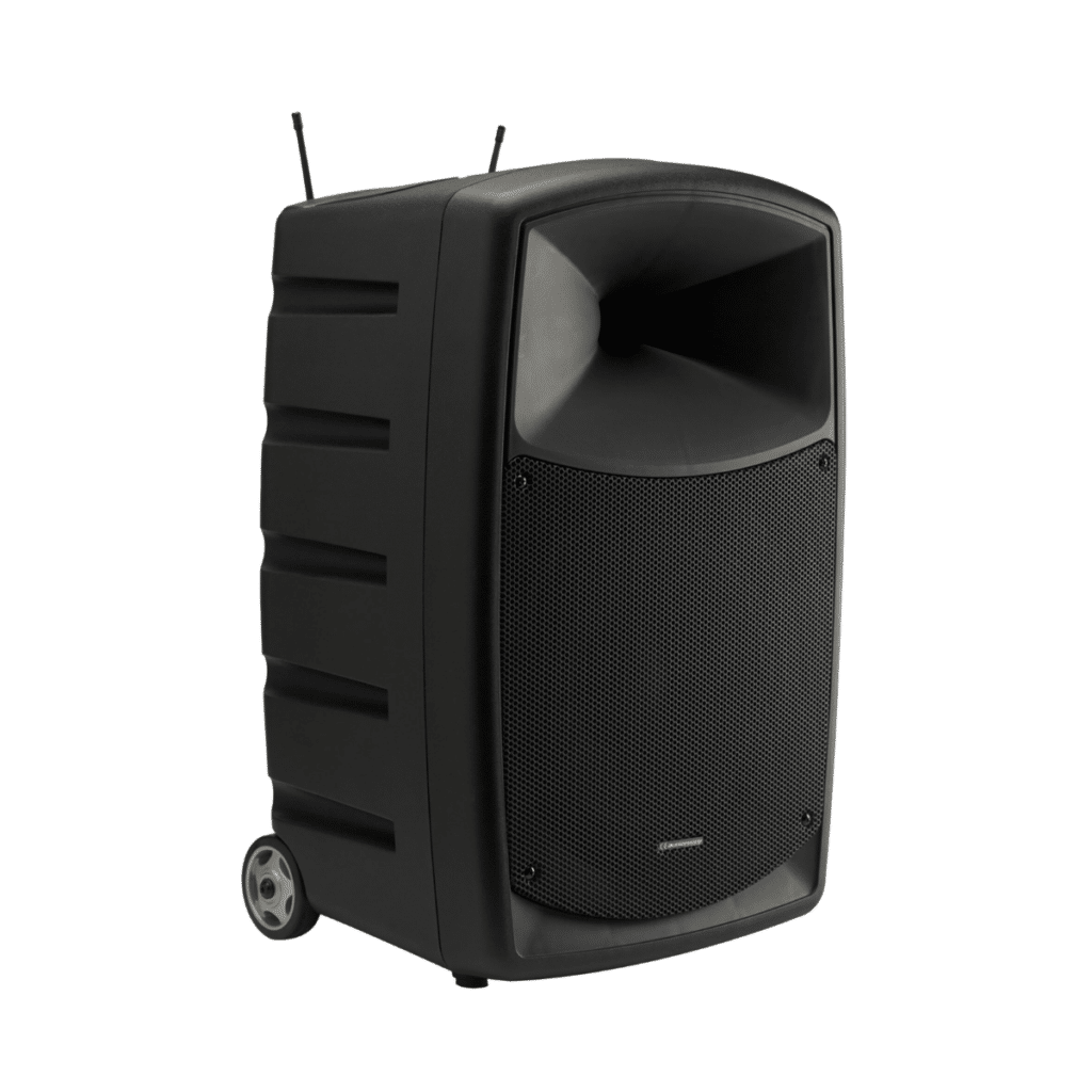 Enceinte sonorisation portable sur roulettes en location chez Elec Expo