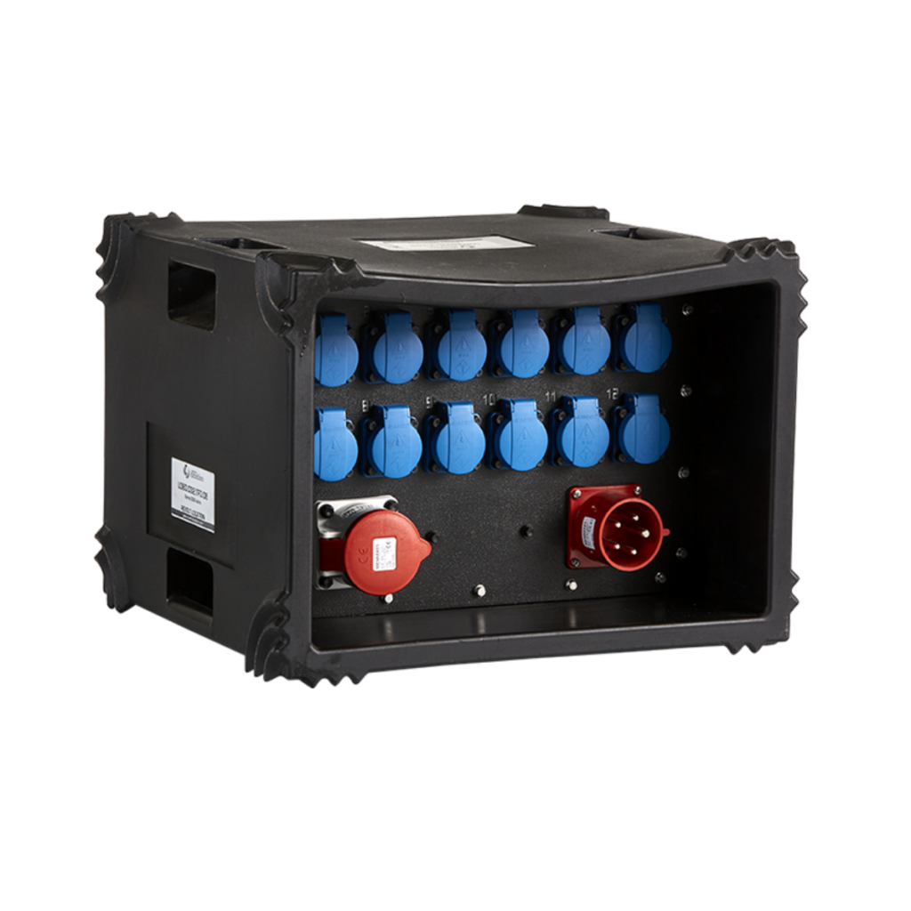 Coffret de distribution électrique événementiel en polyéthylène noir avec 12 prises bleues 230V et raccordements CEE 32A triphasé rouges